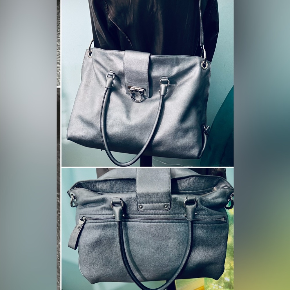 Salvatore Ferragamo XL Gancini 2way Pewter leather metallic/SilverHdwr/travelbag